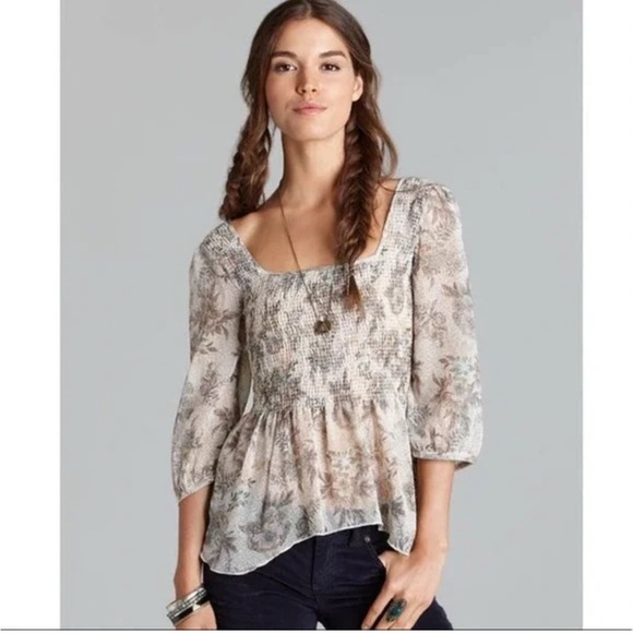 Free People Cream Tan Floral Ever After Blouse Medium Chiffon - Picture 2 of 10
